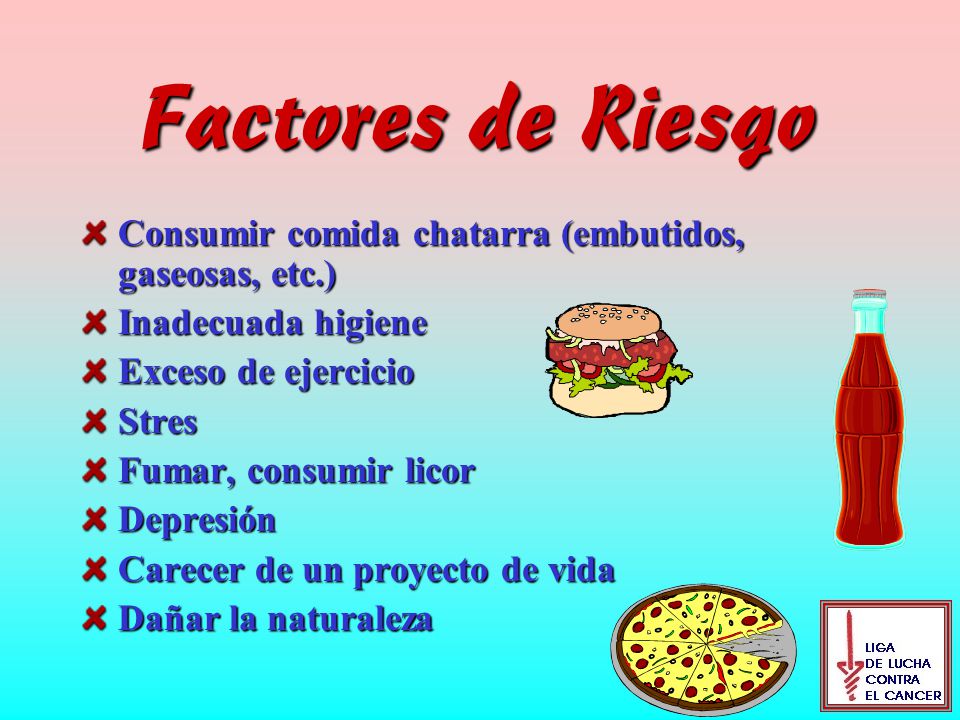 Factores de Riesgo Consumir comida chatarra (embutidos, gaseosas, etc.) Inadecuada higiene. Exceso de ejercicio.