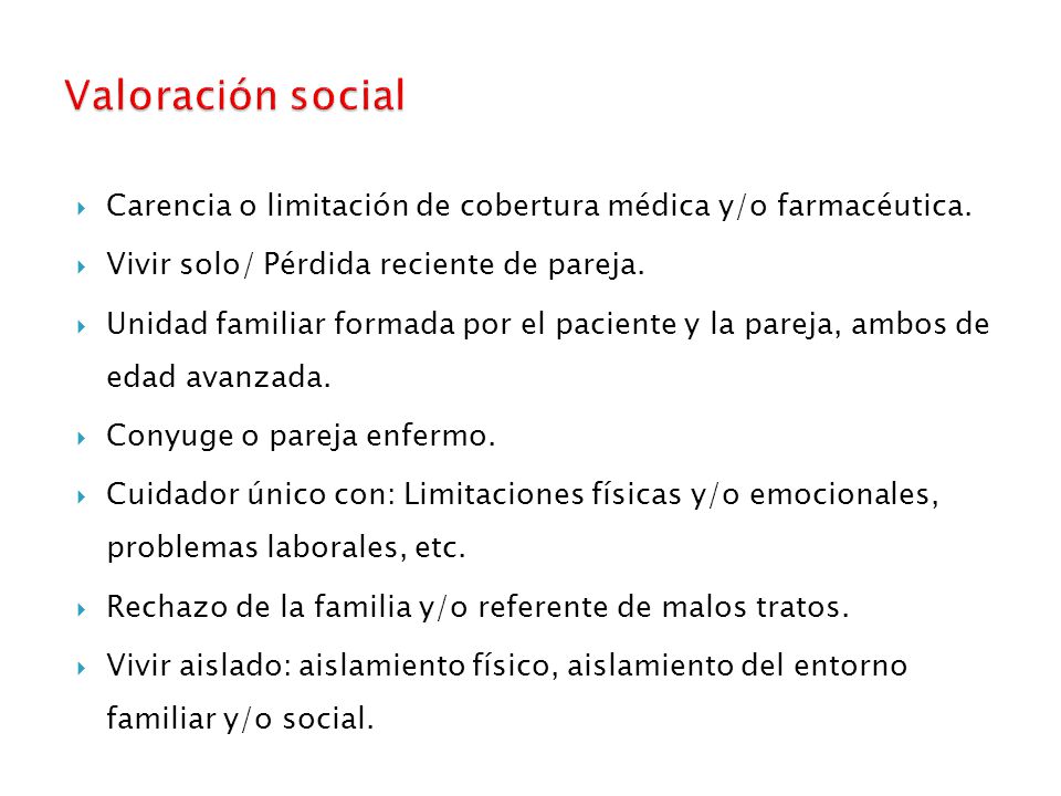 Valoración social Carencia o limitación de cobertura médica y/o farmacéutica. Vivir solo/ Pérdida reciente de pareja.