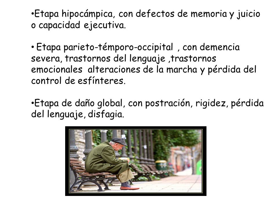 Etapa hipocámpica, con defectos de memoria y juicio o capacidad ejecutiva.