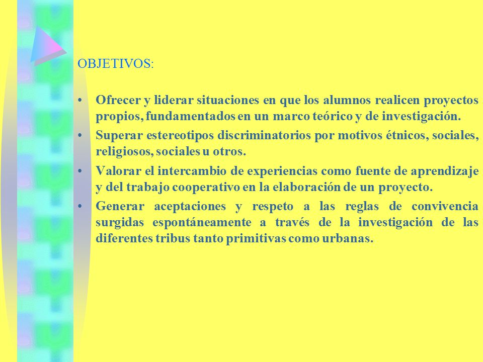 OBJETIVOS: Ofrecer y liderar situaciones en que los alumnos realicen proyectos propios, fundamentados en un marco teórico y de investigación.