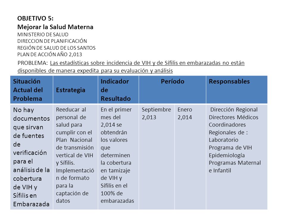 OBJETIVO 5: Mejorar la Salud Materna MINISTERIO DE SALUD DIRECCION DE PLANIFICACIÓN REGIÓN DE SALUD DE LOS SANTOS PLAN DE ACCIÓN AÑO 2,013