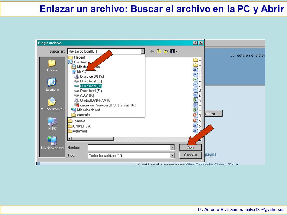 Enlazar un archivo: Buscar el archivo en la PC y Abrir