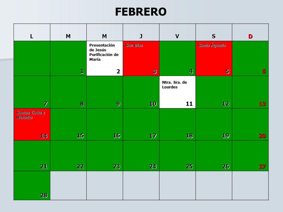 FEBRERO L. M. J. V. S. D. 1. Presentación de Jesús Purificación de María. 2. San Blas. 3.