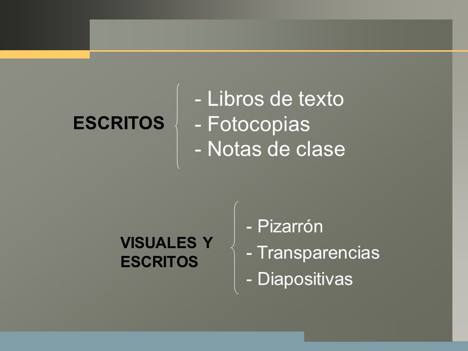 - Libros de texto - Fotocopias - Notas de clase ESCRITOS - Pizarrón