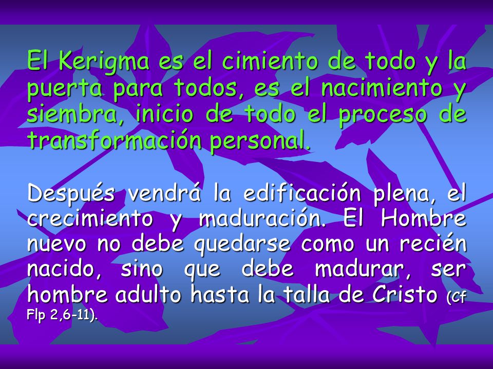 El Kerigma es el cimiento de todo y la puerta para todos, es el nacimiento y siembra, inicio de todo el proceso de transformación personal.