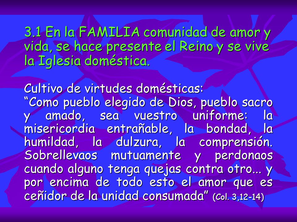 3.1 En la FAMILIA comunidad de amor y vida, se hace presente el Reino y se vive la Iglesia doméstica.