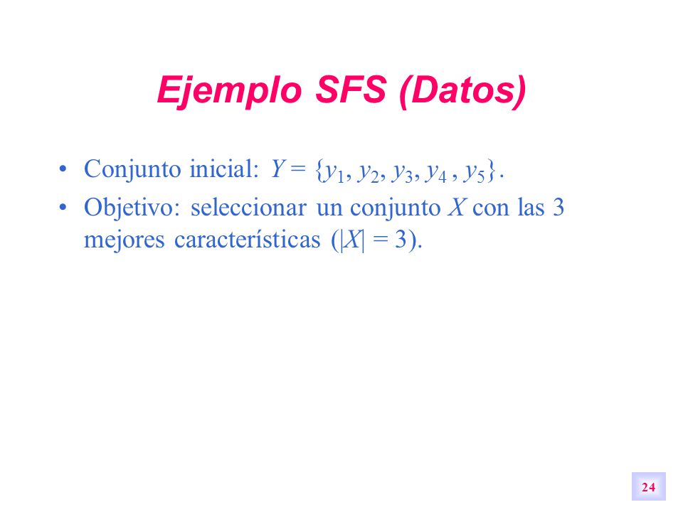 Ejemplo SFS (Datos) Conjunto inicial: Y = {y1, y2, y3, y4 , y5}.