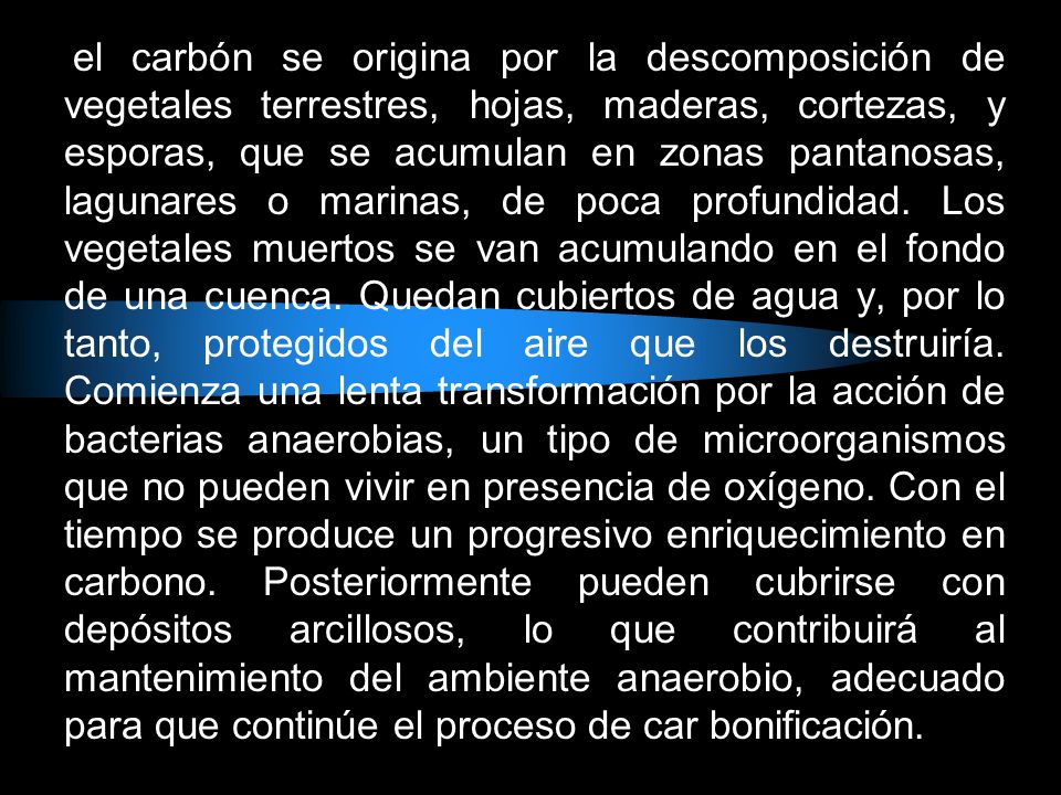el carbón se origina por la descomposición de vegetales terrestres, hojas, maderas, cortezas, y esporas, que se acumulan en zonas pantanosas, lagunares o marinas, de poca profundidad.