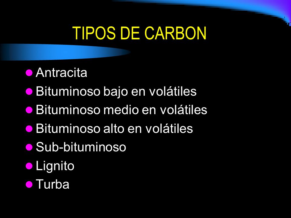 TIPOS DE CARBON Antracita Bituminoso bajo en volátiles