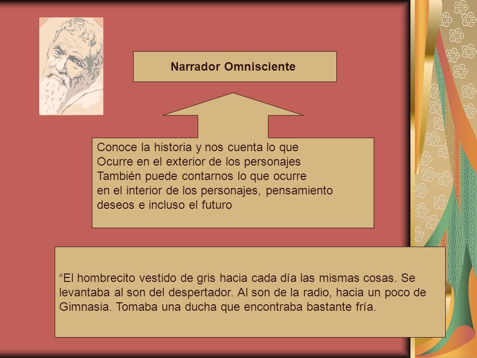 Narrador Omnisciente Conoce la historia y nos cuenta lo que. Ocurre en el exterior de los personajes.