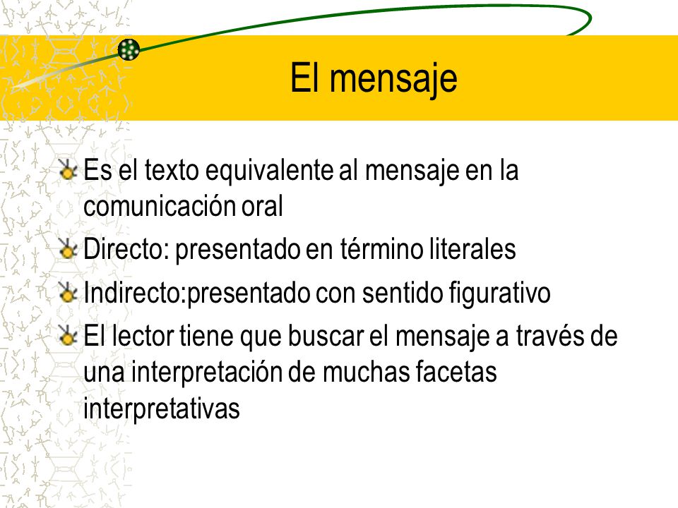 El mensaje Es el texto equivalente al mensaje en la comunicación oral