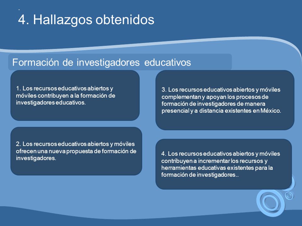 4. Hallazgos obtenidos Formación de investigadores educativos .