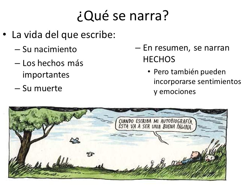 ¿Qué se narra La vida del que escribe: En resumen, se narran HECHOS