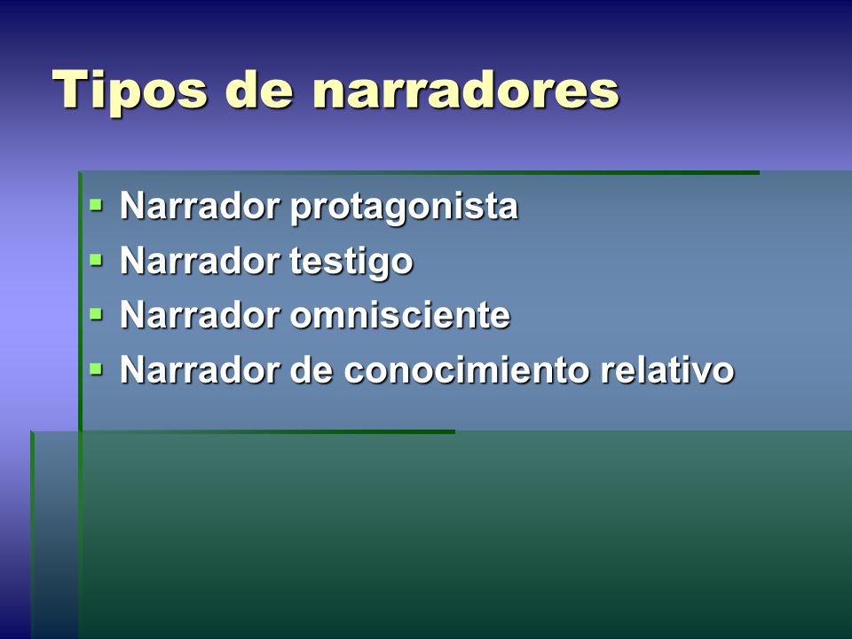 Tipos de narradores Narrador protagonista Narrador testigo