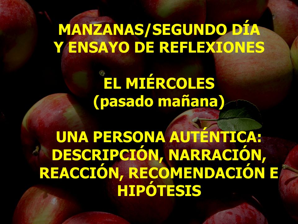MANZANAS/SEGUNDO DÍA Y ENSAYO DE REFLEXIONES EL MIÉRCOLES (pasado mañana) UNA PERSONA AUTÉNTICA: DESCRIPCIÓN, NARRACIÓN, REACCIÓN, RECOMENDACIÓN E HIPÓTESIS