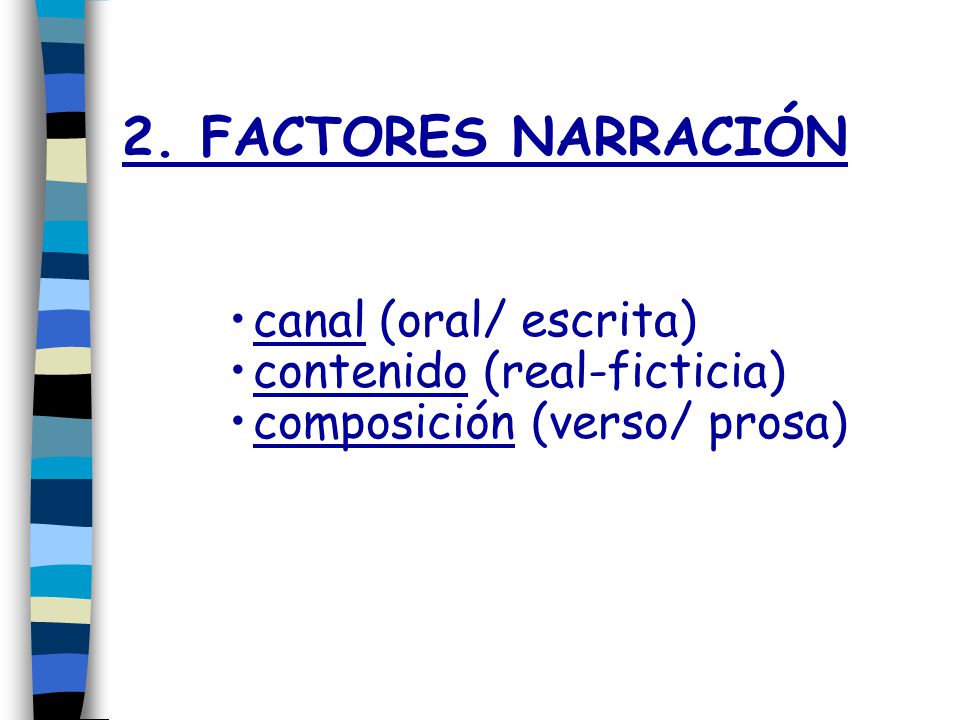 2. FACTORES NARRACIÓN canal (oral/ escrita) contenido (real-ficticia)