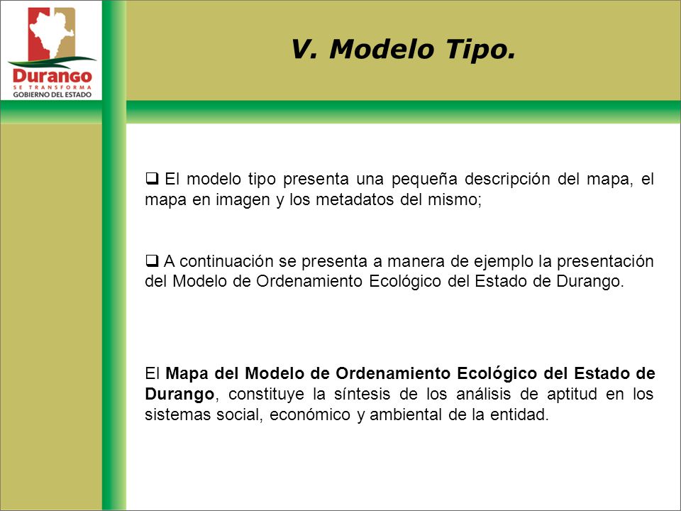 V. Modelo Tipo. El modelo tipo presenta una pequeña descripción del mapa, el mapa en imagen y los metadatos del mismo;