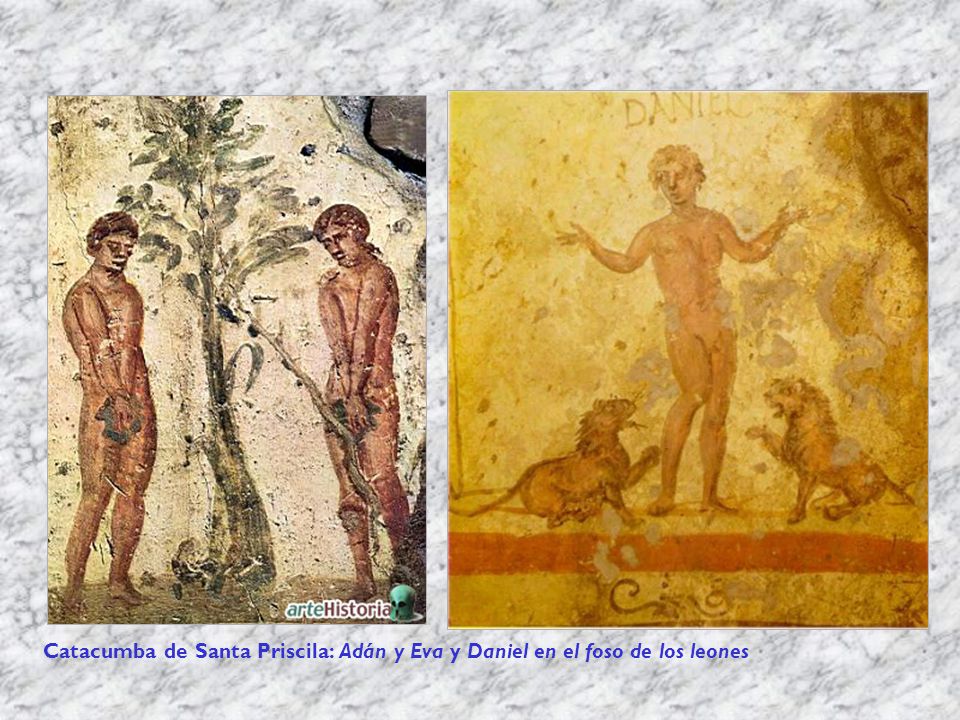 Catacumba de Santa Priscila: Adán y Eva y Daniel en el foso de los leones