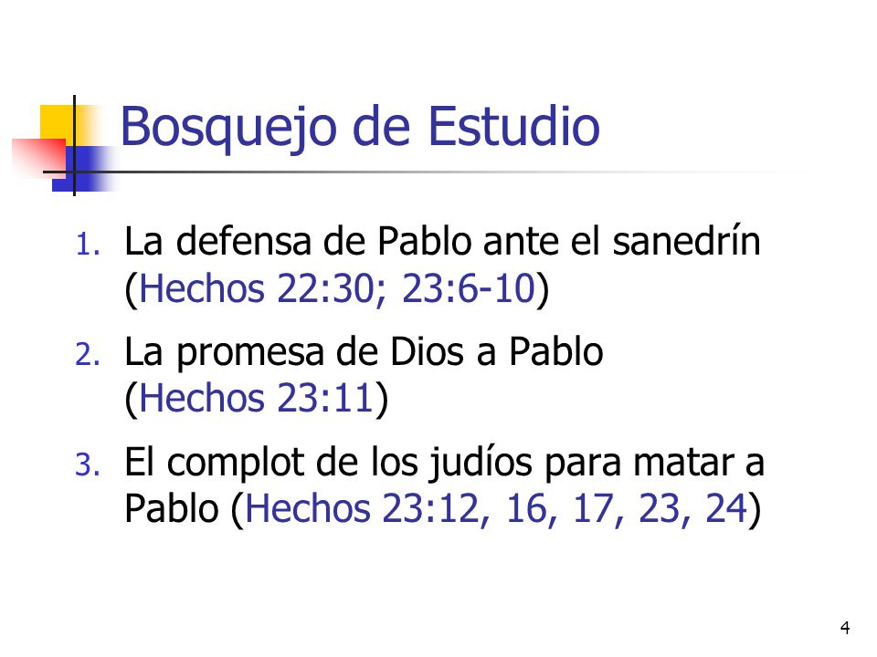 Bosquejo de Estudio La defensa de Pablo ante el sanedrín (Hechos 22:30; 23:6-10) La promesa de Dios a Pablo (Hechos 23:11)