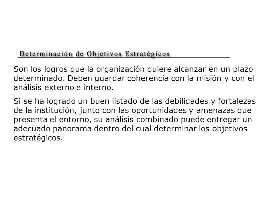 Son los logros que la organización quiere alcanzar en un plazo determinado. Deben guardar coherencia con la misión y con el análisis externo e interno.