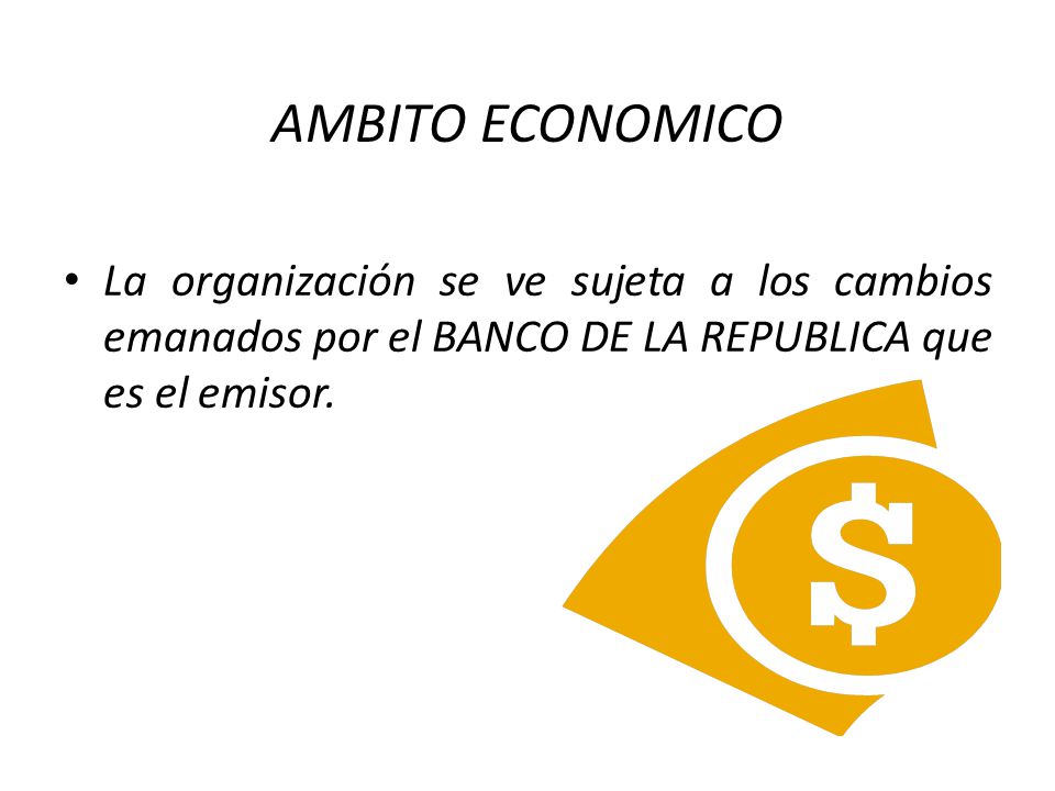 AMBITO ECONOMICO La organización se ve sujeta a los cambios emanados por el BANCO DE LA REPUBLICA que es el emisor.