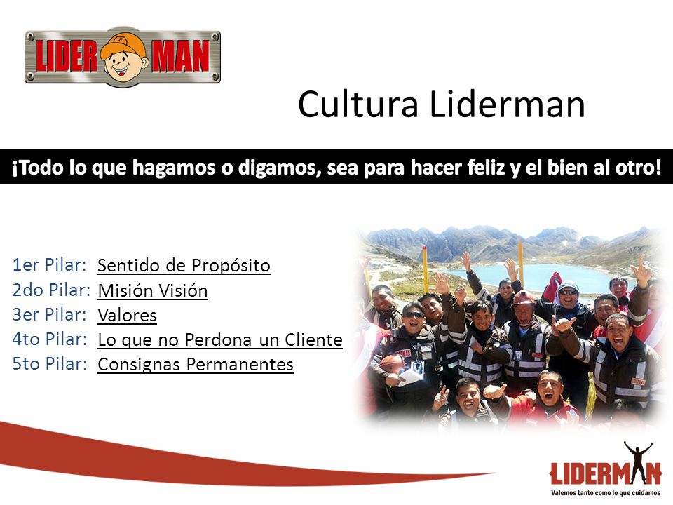 Cultura Liderman ¡Todo lo que hagamos o digamos, sea para hacer feliz y el bien al otro! 1er Pilar: