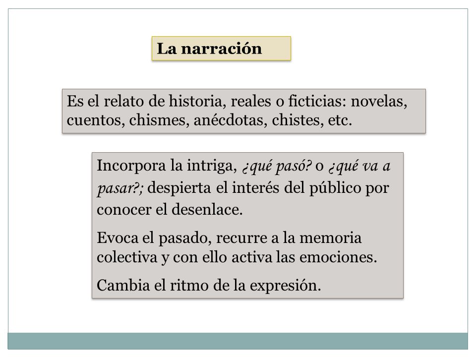 La narración Es el relato de historia, reales o ficticias: novelas, cuentos, chismes, anécdotas, chistes, etc.