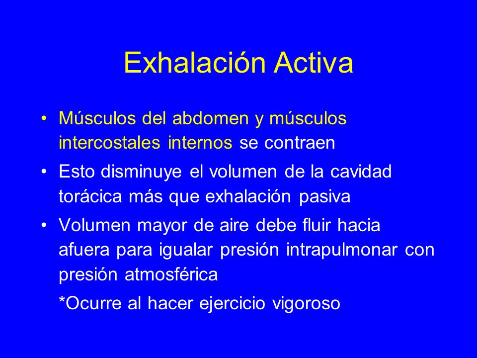 Exhalación Activa Músculos del abdomen y músculos intercostales internos se contraen.