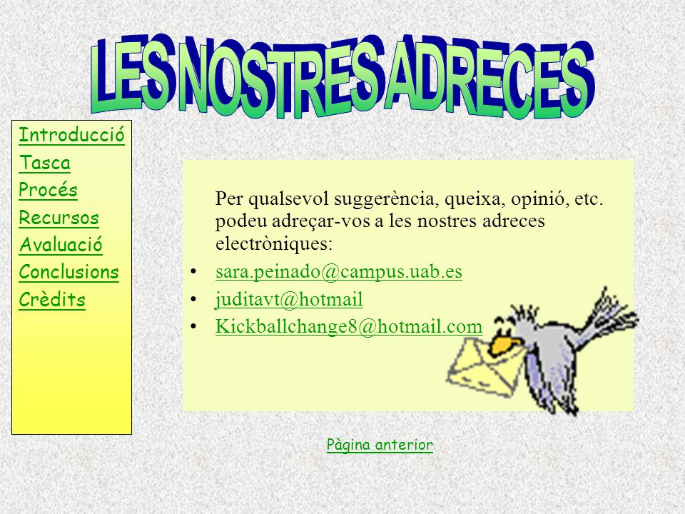 LES NOSTRES ADRECES Introducció. Tasca. Procés. Recursos. Avaluació. Conclusions. Crèdits.
