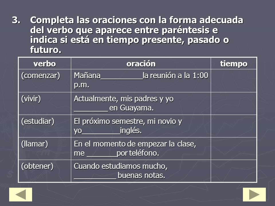 Completa las oraciones con la forma adecuada del verbo que aparece entre paréntesis e indica si está en tiempo presente, pasado o futuro.