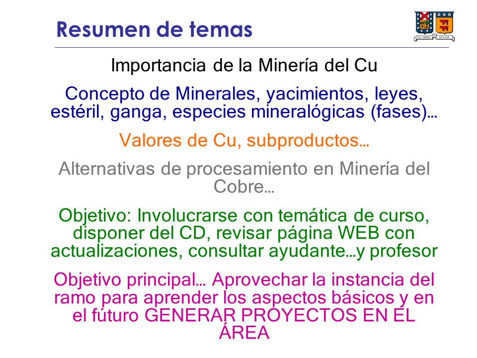 Resumen de temas Importancia de la Minería del Cu