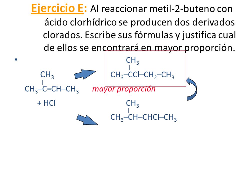Ejercicio E: Al reaccionar metil-2-buteno con ácido clorhídrico se producen dos derivados clorados. Escribe sus fórmulas y justifica cual de ellos se encontrará en mayor proporción.