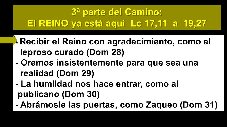 3ª parte del Camino: El REINO ya está aquí Lc 17,11 a 19,27
