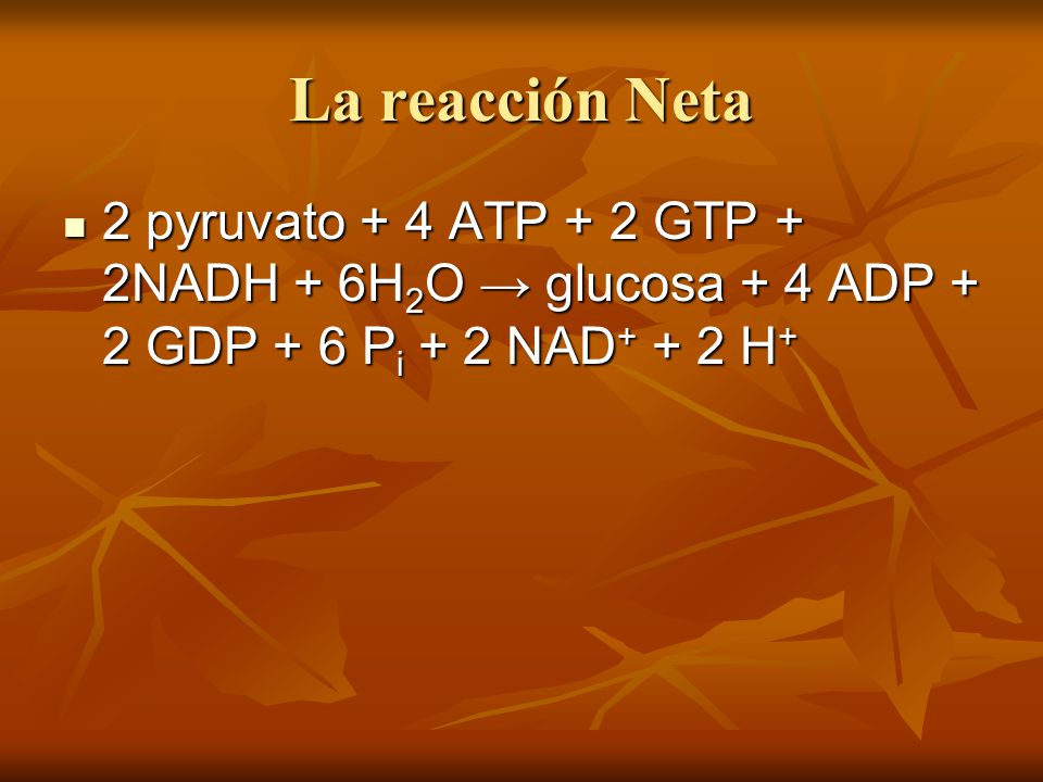 La reacción Neta 2 pyruvato + 4 ATP + 2 GTP + 2NADH + 6H2O → glucosa + 4 ADP + 2 GDP + 6 Pi + 2 NAD+ + 2 H+