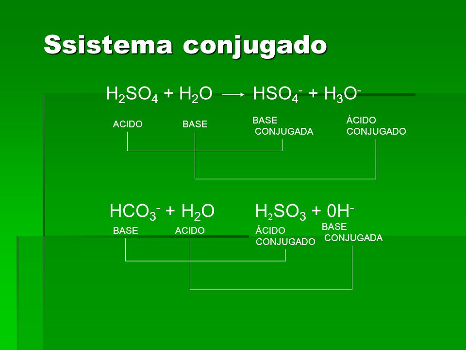 Ssistema conjugado H2SO4 + H2O HSO4- + H3O- HCO3- + H2O H2SO3 + 0H-