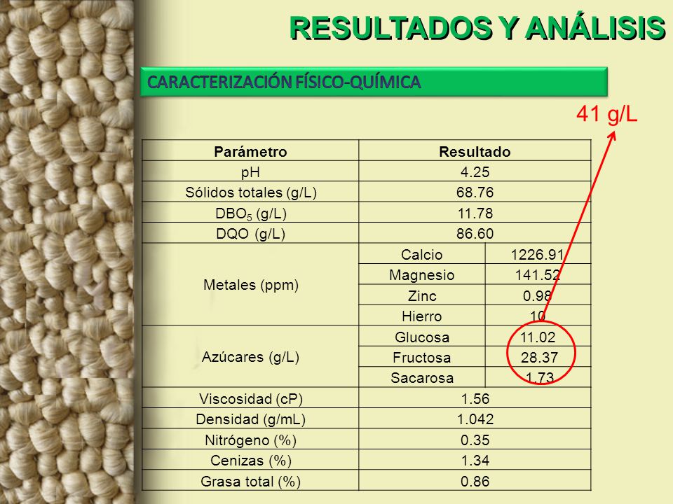 RESULTADOS Y ANÁLISIS 41 g/L CARACTERIZACIÓN FÍSICO-QUÍMICA Parámetro