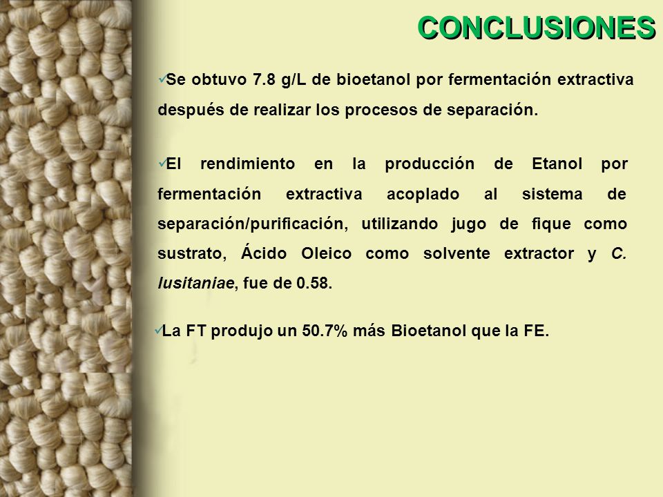 CONCLUSIONES Se obtuvo 7.8 g/L de bioetanol por fermentación extractiva después de realizar los procesos de separación.
