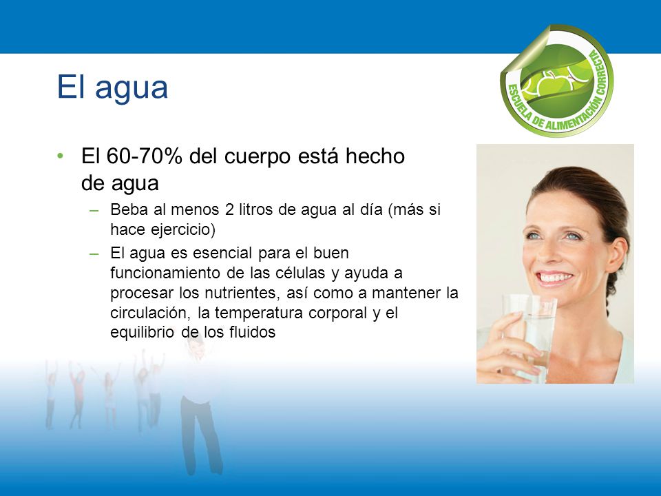 El agua El 60-70% del cuerpo está hecho de agua