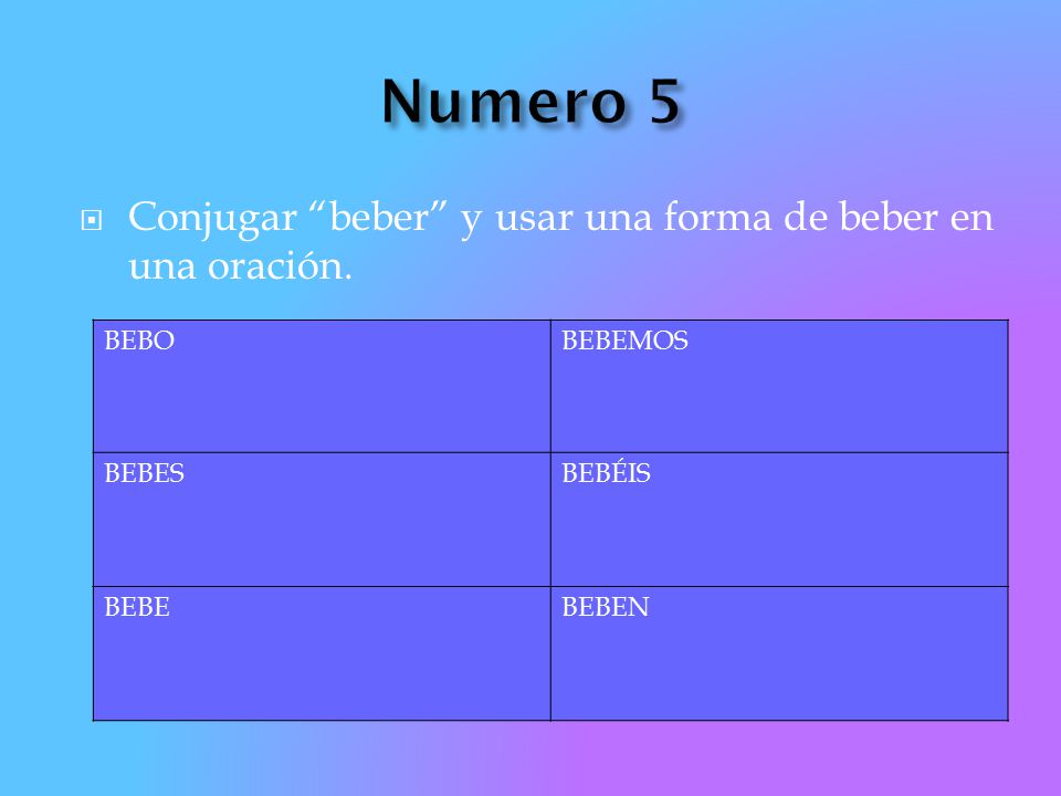 Numero 5 Conjugar beber y usar una forma de beber en una oración.
