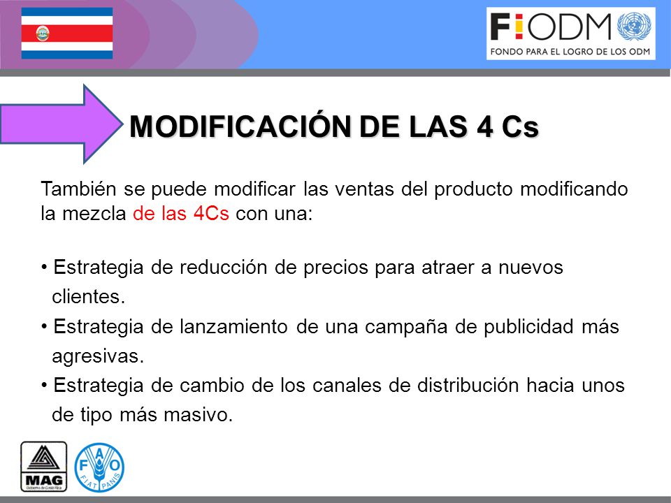 MODIFICACIÓN DE LAS 4 Cs También se puede modificar las ventas del producto modificando la mezcla de las 4Cs con una:
