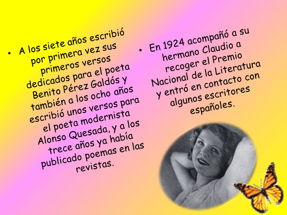En 1924 acompañó a su hermano Claudio a recoger el Premio Nacional de la Literatura y entró en contacto con algunos escritores españoles.