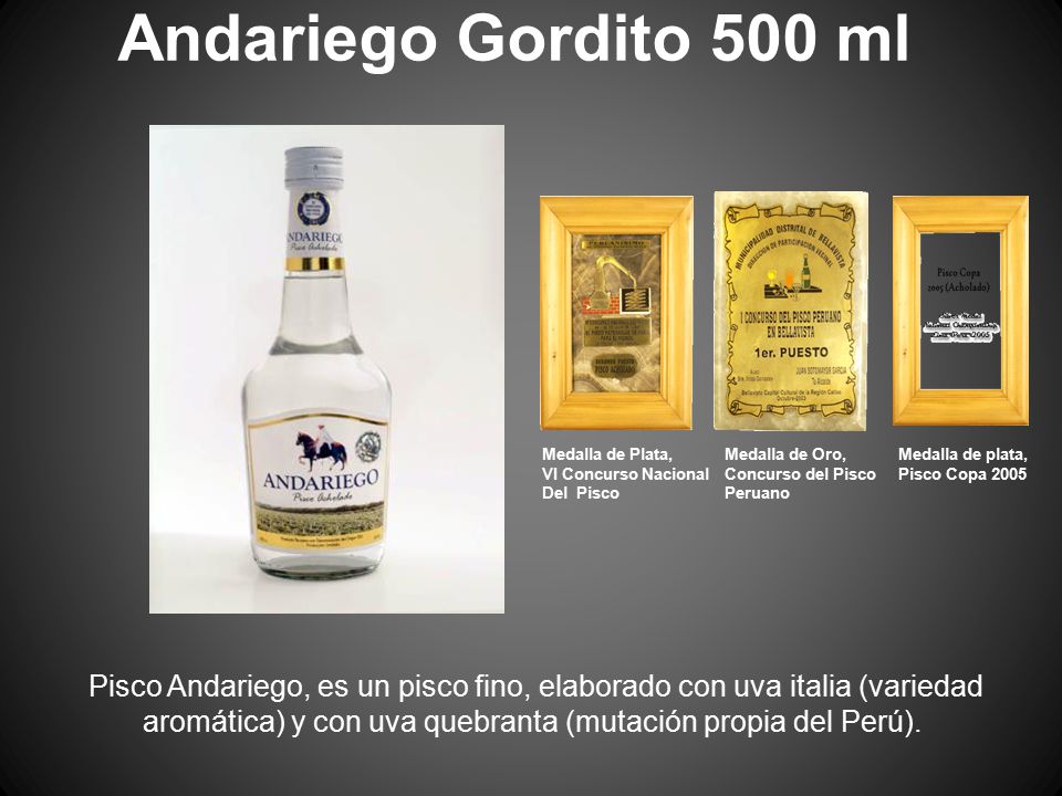 Andariego Gordito 500 ml Medalla de Plata, VI Concurso Nacional. Del Pisco. Medalla de Oro, Concurso del Pisco.