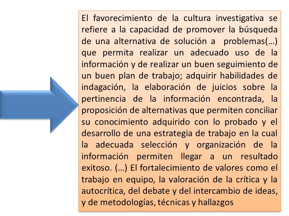 El favorecimiento de la cultura investigativa se refiere a la capacidad de promover la búsqueda de una alternativa de solución a problemas(…) que permita realizar un adecuado uso de la información y de realizar un buen seguimiento de un buen plan de trabajo; adquirir habilidades de indagación, la elaboración de juicios sobre la pertinencia de la información encontrada, la proposición de alternativas que permiten conciliar su conocimiento adquirido con lo probado y el desarrollo de una estrategia de trabajo en la cual la adecuada selección y organización de la información permiten llegar a un resultado exitoso.