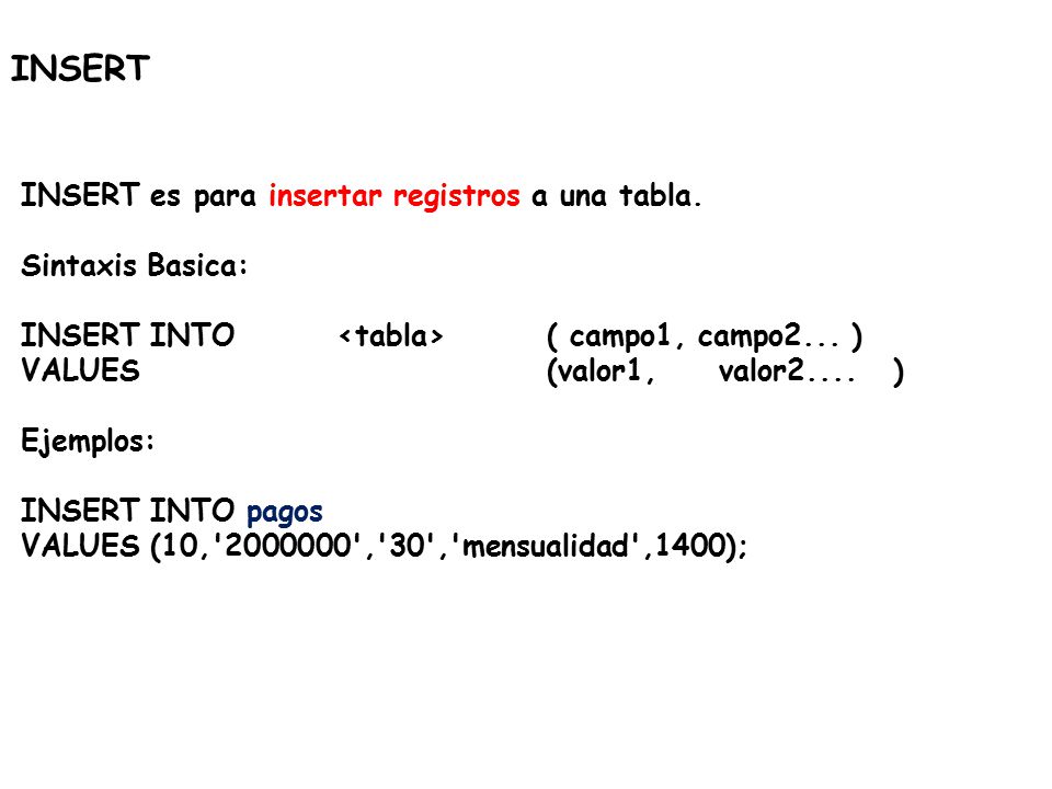 INSERT INSERT es para insertar registros a una tabla. Sintaxis Basica:
