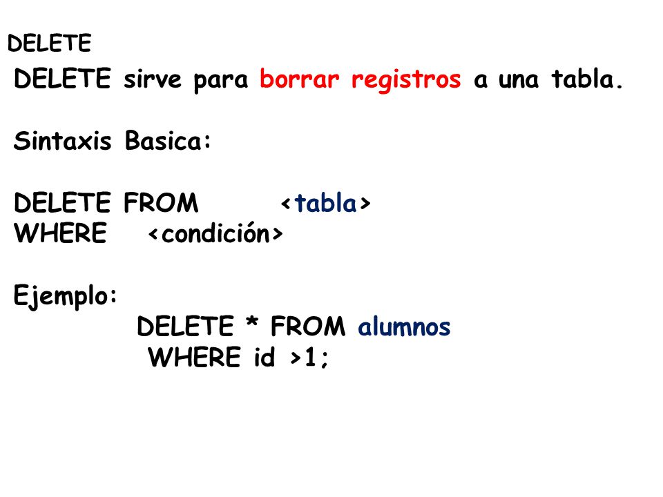 DELETE sirve para borrar registros a una tabla. Sintaxis Basica: