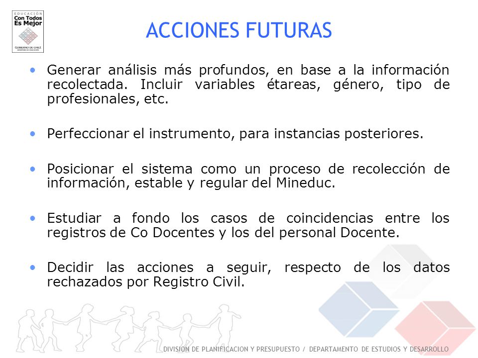 ACCIONES FUTURAS Generar análisis más profundos, en base a la información recolectada. Incluir variables étareas, género, tipo de profesionales, etc.