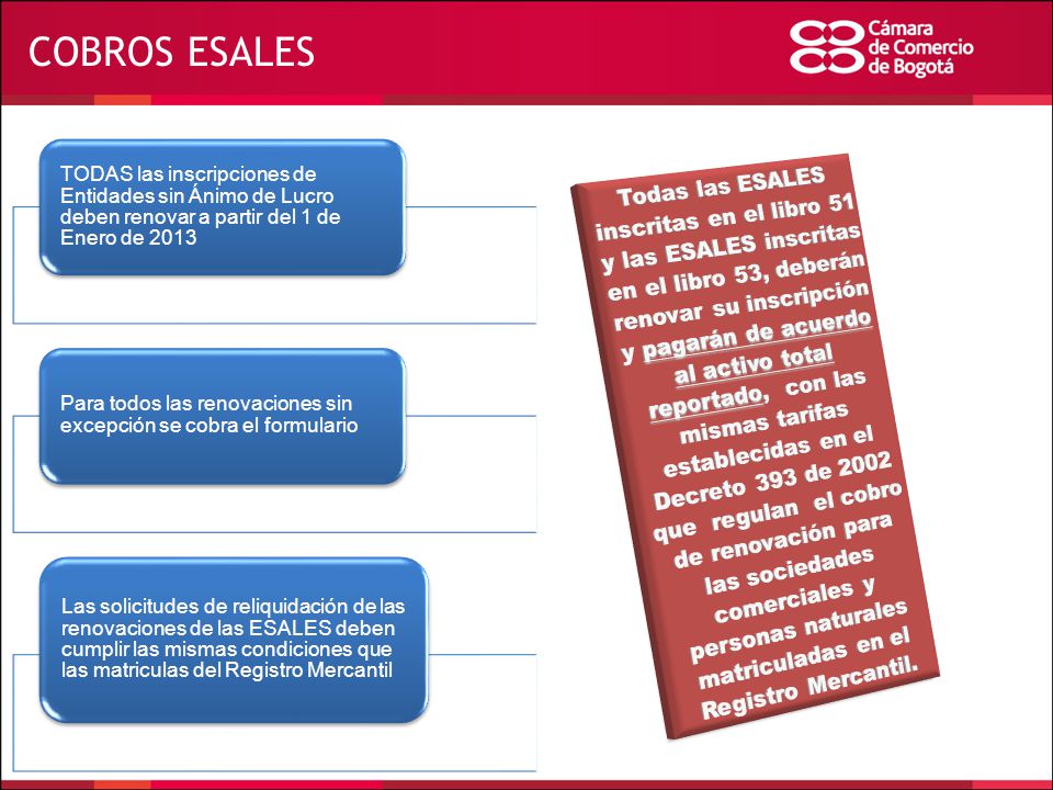 COBROS ESALES TODAS las inscripciones de Entidades sin Ánimo de Lucro deben renovar a partir del 1 de Enero de
