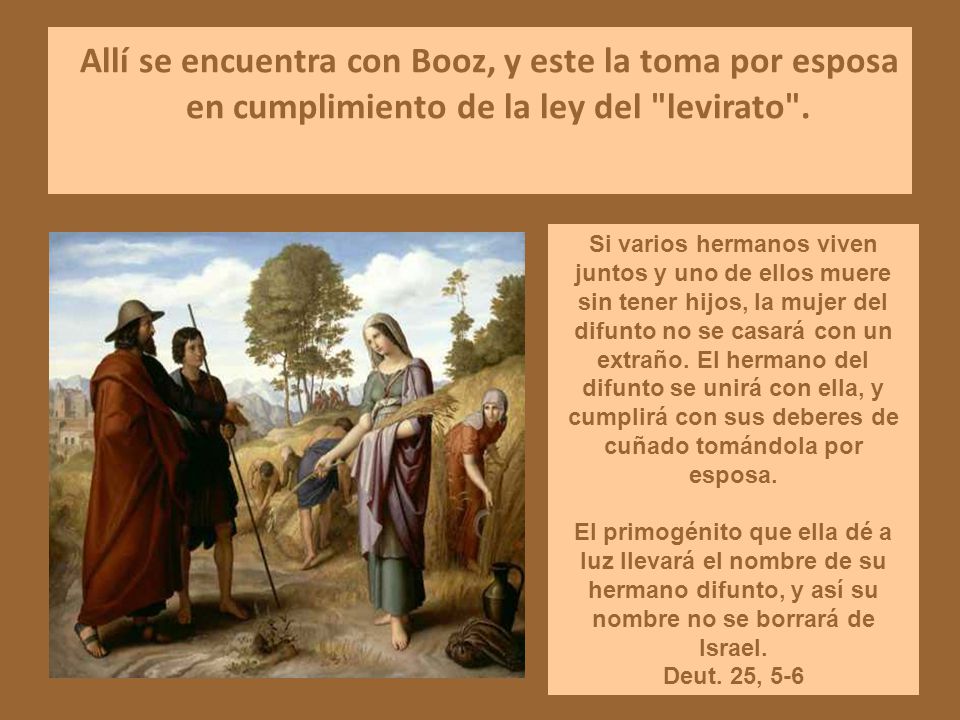 Allí se encuentra con Booz, y este la toma por esposa en cumplimiento de la ley del levirato .