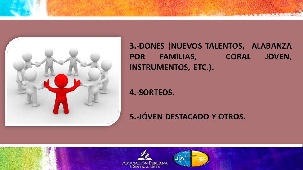 3.-DONES (NUEVOS TALENTOS, ALABANZA POR FAMILIAS, CO­RAL JOVEN, INSTRUMENTOS, ETC.).