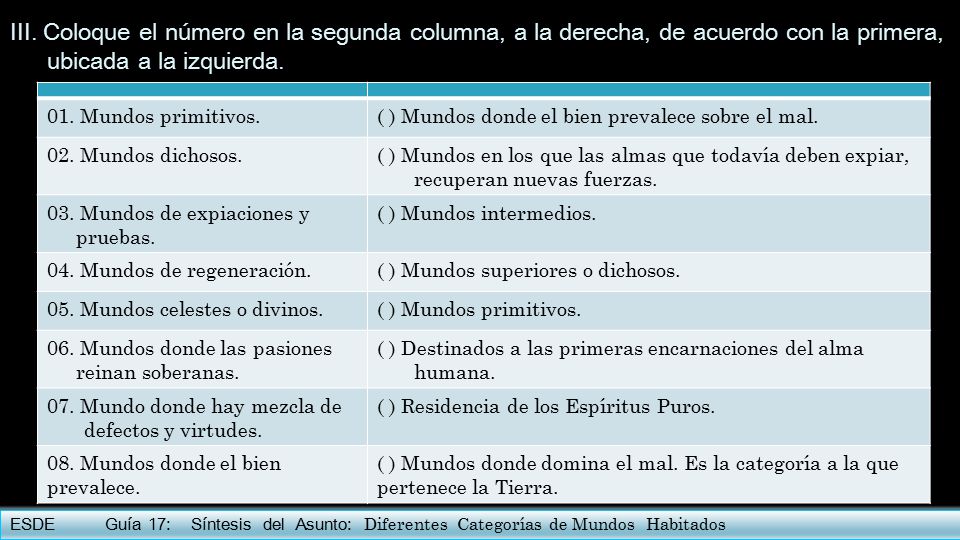 III. Coloque el número en la segunda columna, a la derecha, de acuerdo con la primera, ubicada a la izquierda.